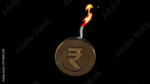 Rupee coin blasts into an explosive effect symbolizing financial volatility and market shifts. Great for stock market videos, investment promos, and business motion graphics. Transparent HD animation.