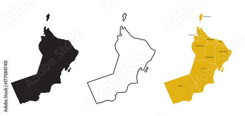 Detailed Map of Oman with Regions, Outline and Solid Silhouette Versions