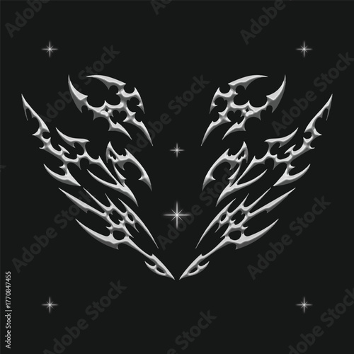 chrome metal of y2k fire icon. Flame shape in liquid mercury. 3d rendering illustration of abstract neo tribal cyber sigil metallic melted modern burn form, design element.