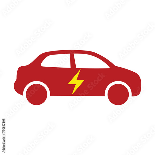 Red electric car symbol with yellow lightning bolt energy icon