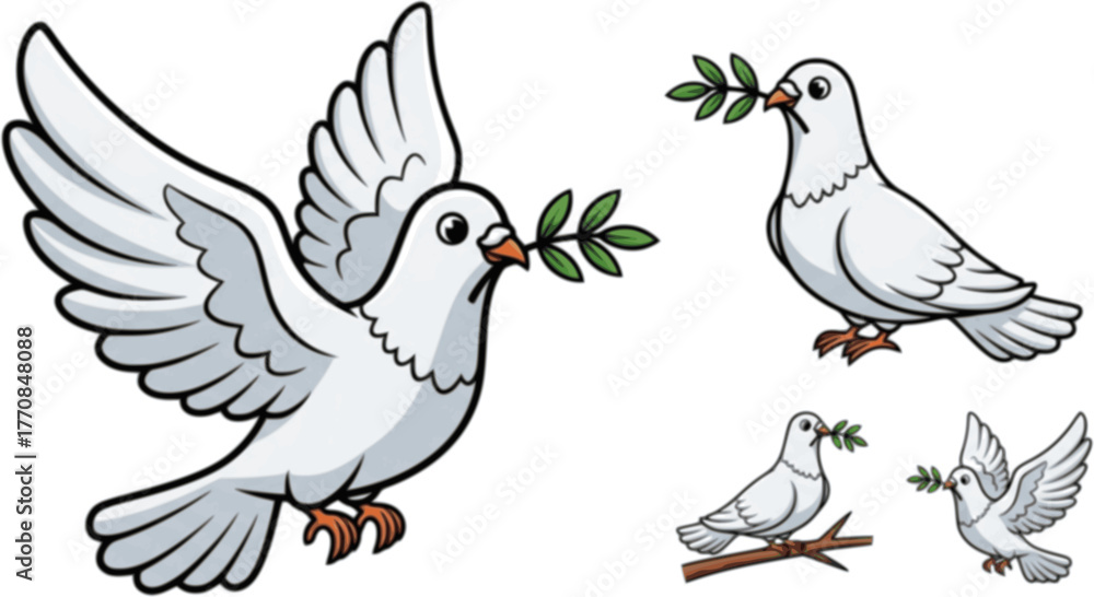 Fototapeta premium Pigeon of peace cartoon vector illustration on white background.Vector illustration set icon dove of bird .Isolated set cartoon icon pigeon. 