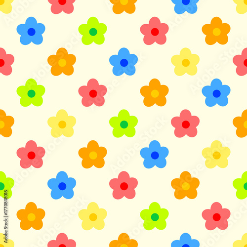 Multi-colored children's cartoon flowers seamless pattern on a retro background