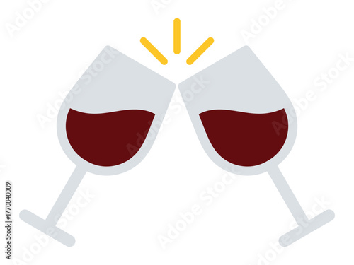 Two red wine glasses clinking together celebrating a toast with sparkles