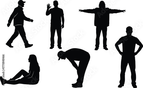 Diverse silhouettes of people in various poses conveying activity and stillness