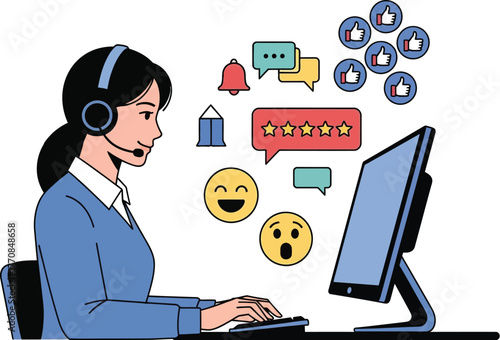 Customer service representative with headset actively responding to online feedback and reviews with a smile.