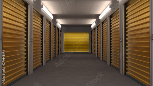 Digitally rendered corridor with multiple closed storage lockers.
Video footage of a 3d animated hallway featuring rows of closed orange storage unit doors with an alpha channel included.