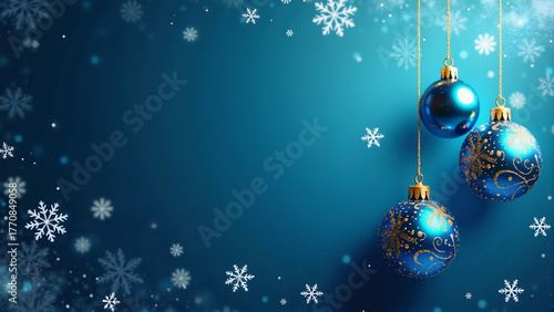 Blue glass Christmas tree balls on gold threads against a blue background with white snowflakes. There's space on the left for text. A Christmas or New Year's holiday background. AI generative.