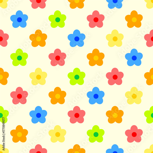 Multi-colored children's cartoon flowers seamless pattern on a retro background