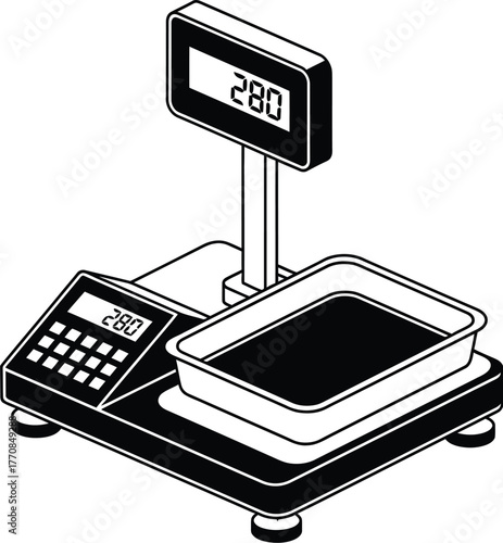 Digital scale accurately measures weight with a clear display and platform for items.