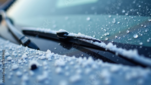 Macro shot of frozen windshield wipers stuck in ice, frosty snowflakes on glass, cold blue tones, detailed automotive texture and winter realism