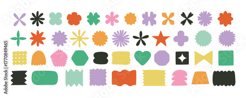 Y2K Minimalist retro Vector Geometric Shapes Set. Hand drawn Symbols, Labels and Icons. Stars, Flowers and Circles with ZigZag Edge