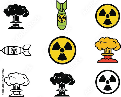Collection of icons representing nuclear bombs and radiation symbols