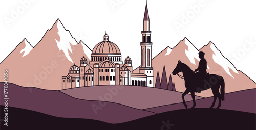 Lone rider journeys towards a grand historical city nestled among majestic mountains.