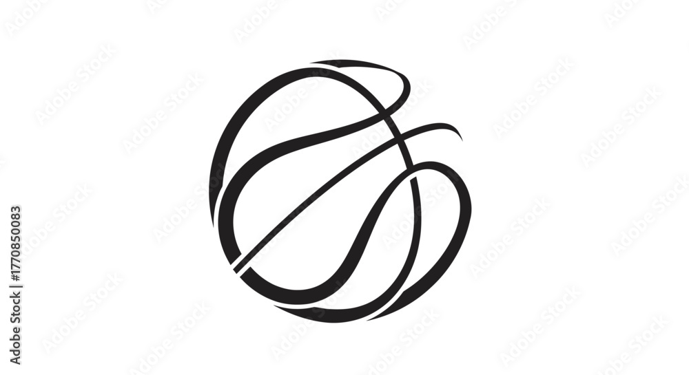 Naklejka premium Black and white illustration of a basketball with curved lines, representing motion.