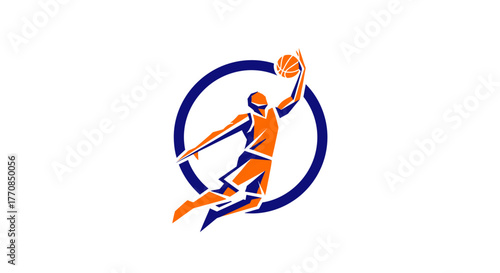 Illustration of a basketball player jumping to dunk the ball inside a circle.