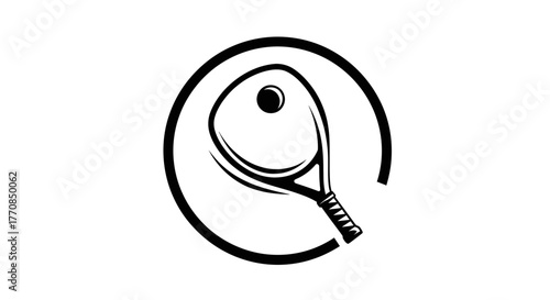 A minimalist black and white logo featuring a padel racket inside a circular frame.