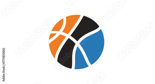 A stylized basketball with orange, black, and blue segments against a white background.