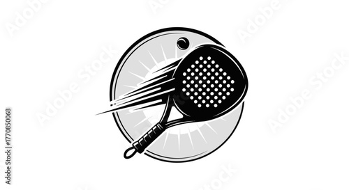 Stylized black and white padel tennis logo featuring a racket, ball, and dynamic speed lines within a circular emblem.