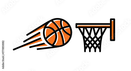 An orange basketball with speed lines flying towards a basketball hoop with a net, illustrating a shot or game.