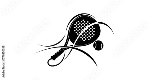 Black and white illustration of a padel racket and ball with abstract lines.