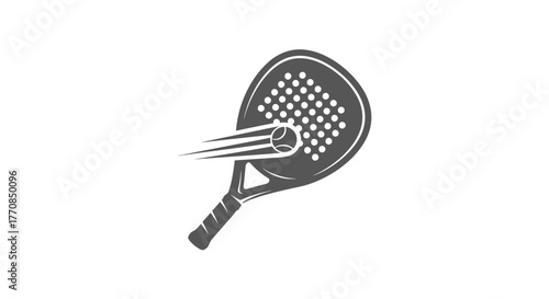Monochrome icon of a padel racket hitting a ball with speed lines, isolated on a white background.