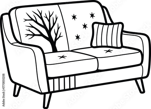 Cozy two-seater sofa with whimsical tree and star pattern