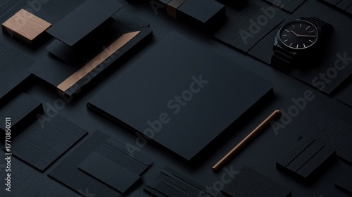 Geometric arrangement of dark-toned office supplies and accessories.