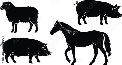 Silhouettes of farm animals including sheep and pigs in a simple graphic illustration.