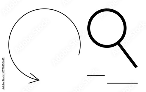 Curved arrow symbolizing a cycle and magnifying glass for focus, alongside minimal lines. Ideal for research, data review, investigation, exploration, feedback loop, process refinement, simple flat