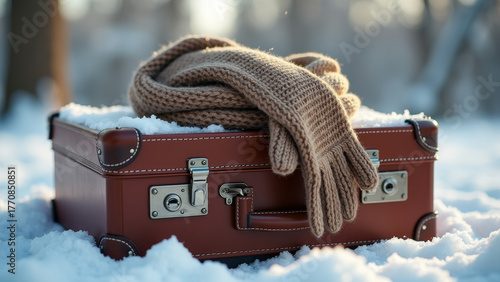 Realistic close up of packed vintage suitcase on snow, warm scarf and gloves visible, soft winter light and concept of cozy travel