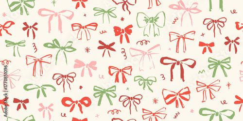 Seamless pattern with hand drawn bows. Cute hand painted bow. Endless repeat wallpaper, background.