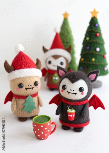 Cute Needle Felt Figures with Vampire Teeth and Reindeer Antlers – Festive Party Theme