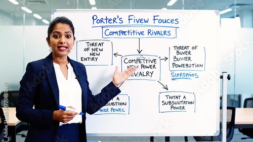 Woman in suit at a whiteboard diagrams, illustrating Porter's Five Forces in a business meeting