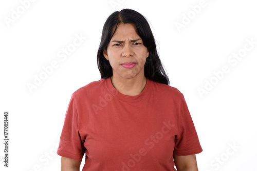 Woman wearing a red T-shirt isolated on a white background with an expression of disgust, anger, or disgust