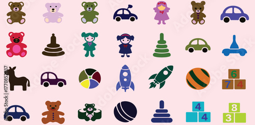 Colorful Toy Icons, playful baby objects teddy bear car rocket doll stacking rings ball blocks and children playtime symbols for kids education nursery and childhood fun collection