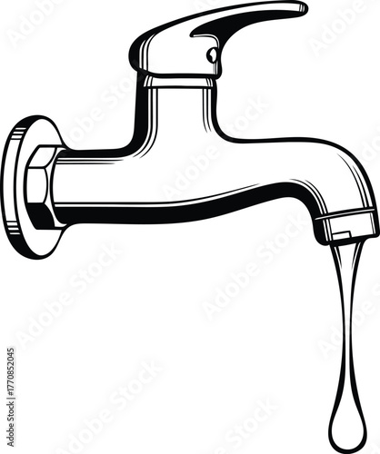Vintage style faucet with dripping water on white background