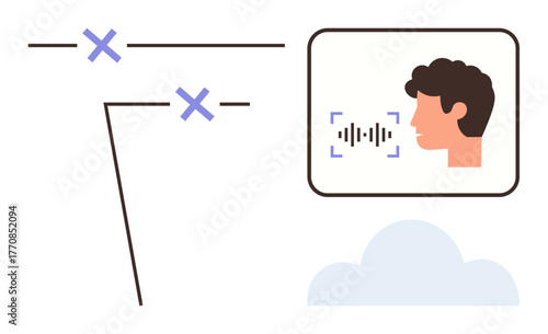 Side silhouette with soundwave in a frame, connected lines with X marks and cloud icon. Ideal for AI, biometrics, communication, network, technology, voice assistant innovation. Simple flat metaphor