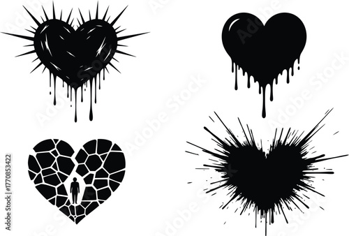 Four distinct black heart designs with unique distressed and abstract textures symbolizing pain and heartbreak.