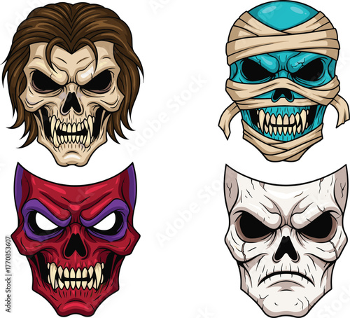 Cartoon skull illustration set, horror fantasy artwork, scary skeleton faces, vector drawing, demonic skull design, mummy skull, spooky character art