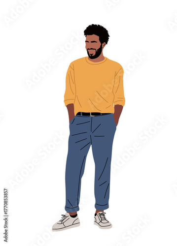 Minimalist vector illustration of a bearded man in casual streetwear, yellow sweater, navy pants, white sneakers, clean modern style, full body on transparent background