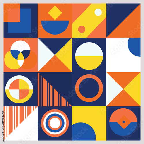 Hand-drawn geometric abstraction. The colors of the pieces make up a picture for a poster, screensaver, or cover.