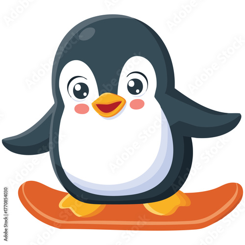 Adorable cartoon penguin joyfully sliding downhill on an orange snowboard full of fun vector