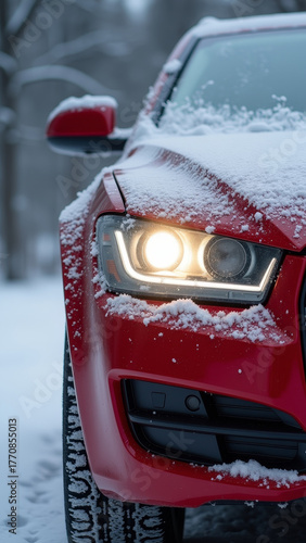 Close up of car headlight partially covered with snow and ice, soft reflection of winter light, cinematic cold atmosphere, realistic detail shot