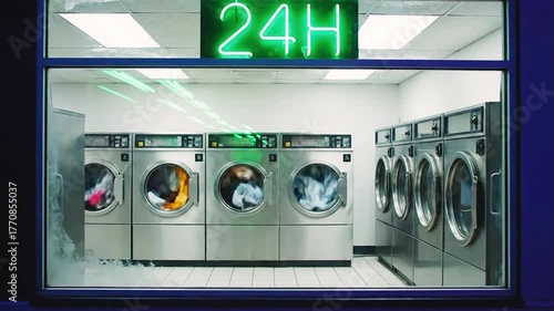 A neon 24-hour sign hangs above a row of washing machines at a laundromat, viewed through a window