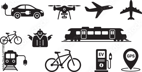 Collection of black and white icons representing various modes of modern transportation and technology