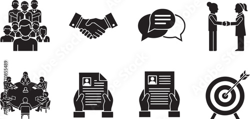 Collection of modern business icons representing teamwork handshake communication interview and success