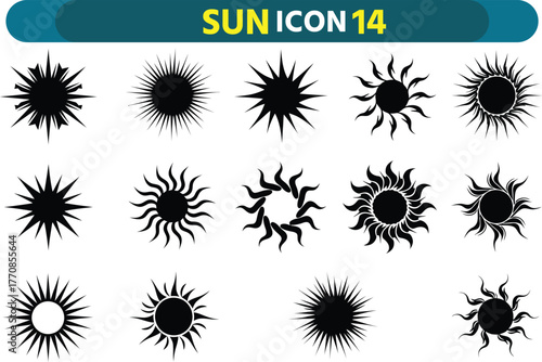 Collection of diverse black silhouette sun icons with radiating rays and starburst designs