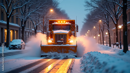 Cinematic wide shot of snow removal machine clearing street during heavy snowfall, headlights cutting through blizzard, cold blue tones, dramatic winter work scene