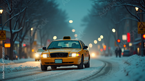 Realistic yellow taxi driving through snowy city street, beautiful winter atmosphere with reflections on wet asphalt and falling snowflakes
