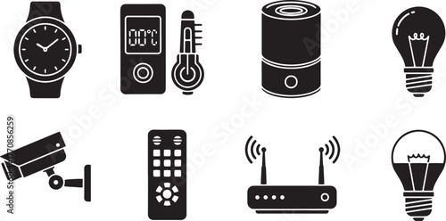 Collection of modern electronic devices and smart home technology icons in black and white silhouette